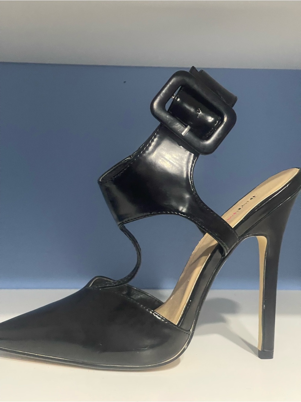 Brand New JustFab Black Pointed-Toe Stiletto with Buckle Ankle Strap